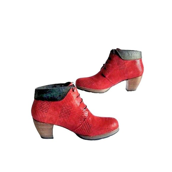 WOLKY Women's Jacquerie Booties Red Dessin Suede Sz 9 40 Lace Up Ankle Boots - Picture 6 of 13